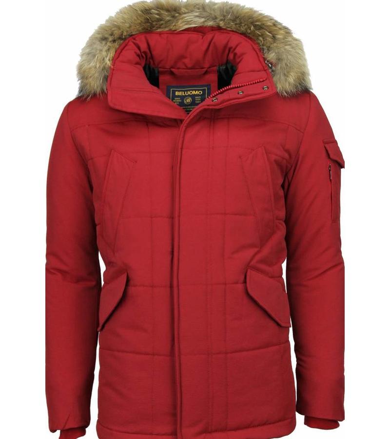 Beluomo Parkas hombre - Abrigos de Caballero largo - Capucha pelo Grande - Parka Diamon Pattern - Rojo