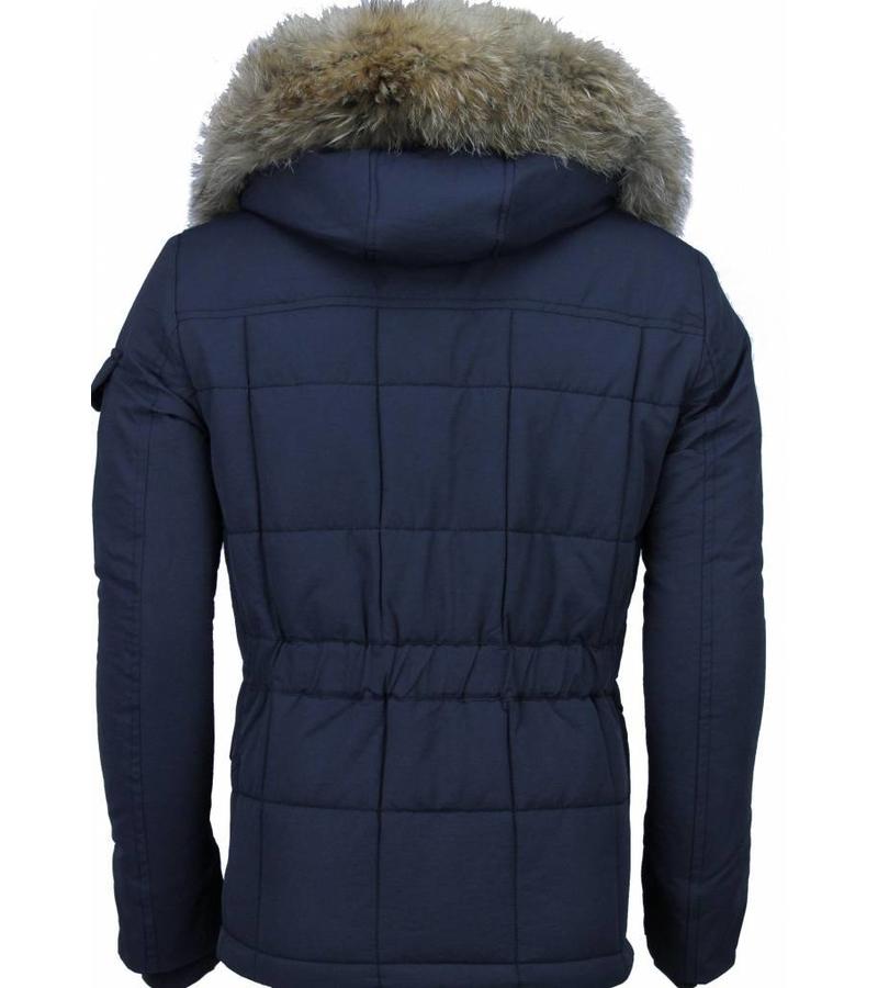 Beluomo Parkas hombre - Abrigos de Caballero largo - Capucha pelo Grande - Parka Diamon Pattern - Azul