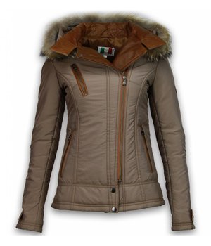 Milan Ferronetti Parkas mujer - Señora Abrigos De Invierno Corto - 3 Cremalleras una Pieza de Cuero - Beige