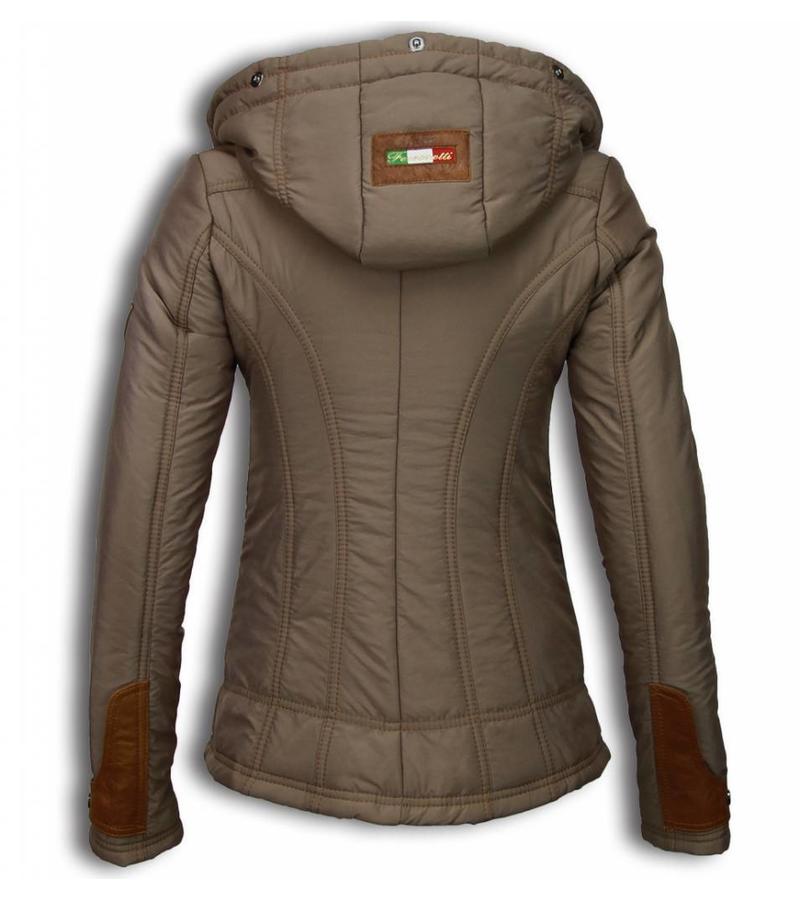 Milan Ferronetti Parkas mujer - Señora Abrigos De Invierno Corto - 3 Cremalleras una Pieza de Cuero - Beige