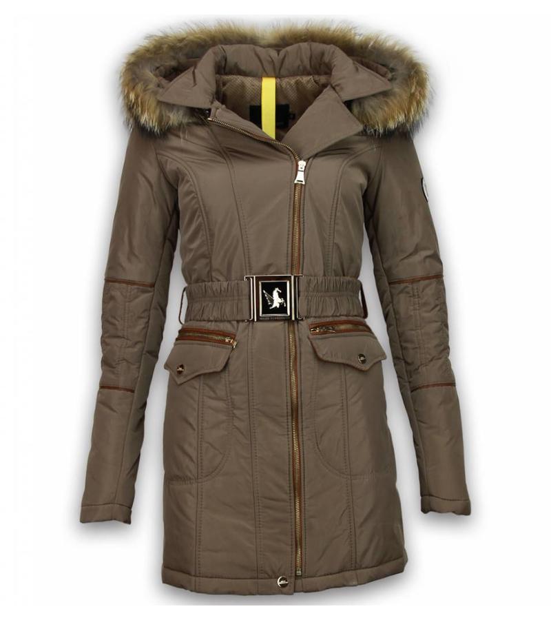 Milan Ferronetti Parkas mujer - Señora Abrigos De Invierno largo - Cremallera Oblicua con Cinturón - Beige