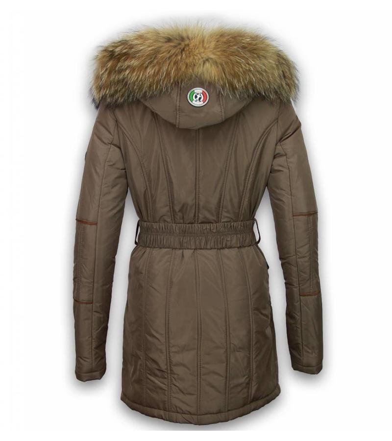 Milan Ferronetti Parkas mujer - Señora Abrigos De Invierno largo - Cremallera Oblicua con Cinturón - Beige