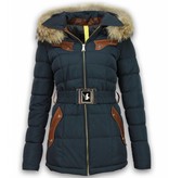 Milan Ferronetti Parkas mujer - Señora Abrigos De Invierno Largo -Bolsillos pieza de cuero - Con Cinturón - Azul