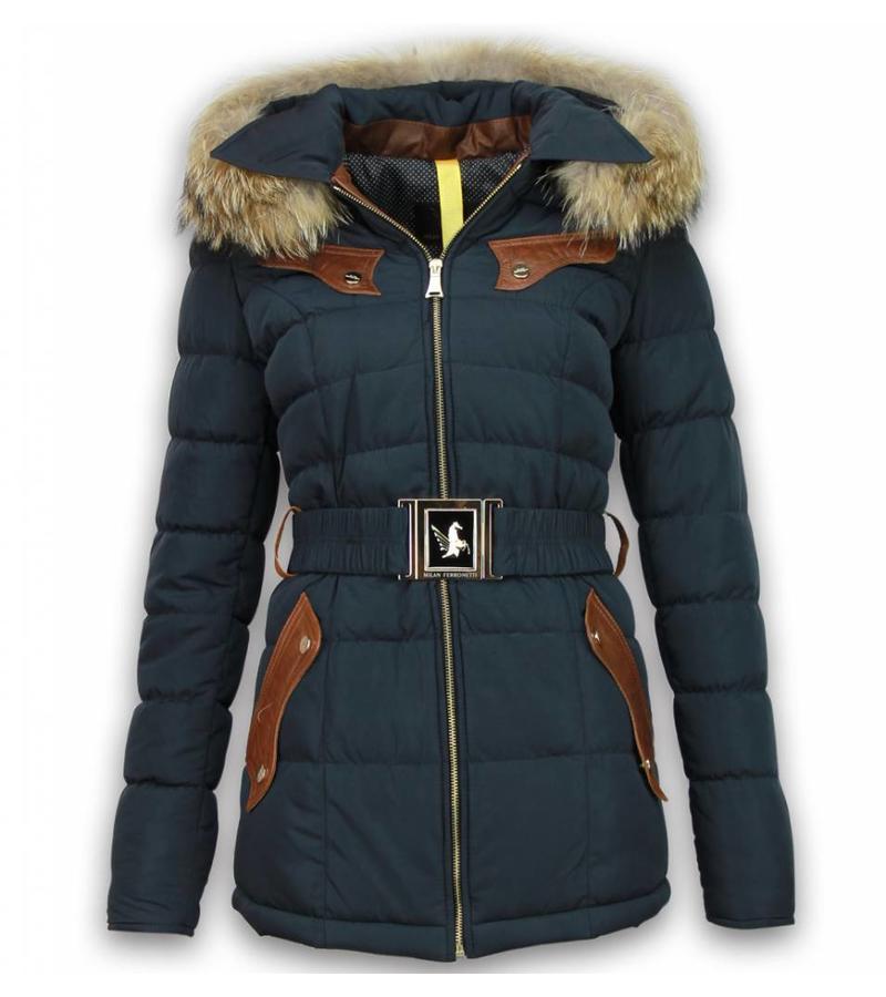 Milan Ferronetti Parkas mujer - Señora Abrigos De Invierno Largo -Bolsillos pieza de cuero - Con Cinturón - Azul