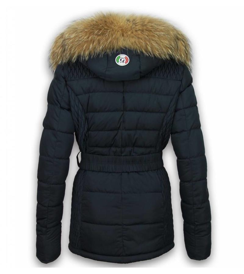 Milan Ferronetti Parkas mujer - Señora Abrigos De Invierno Largo -Bolsillos pieza de cuero - Con Cinturón - Azul