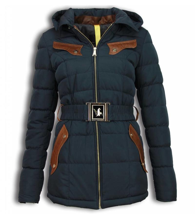 Milan Ferronetti Parkas mujer - Señora Abrigos De Invierno Largo -Bolsillos pieza de cuero - Con Cinturón - Azul