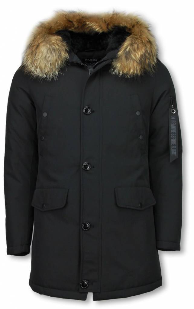 Enos Parkas hombre - Abrigos de Invierno de Caballero largo - Capucha pelo  XL - Parka - Negro 