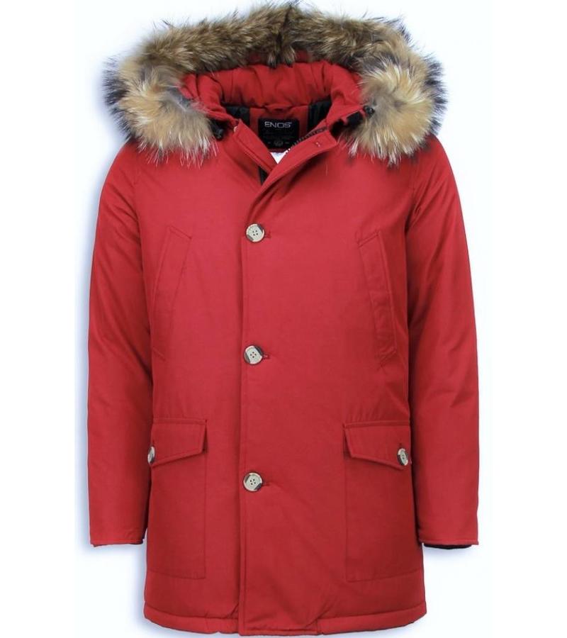 Enos Parkas hombre - Abrigos de Invierno Hombre Wooly Largo - Cuelo de Piel Grande - Rojo