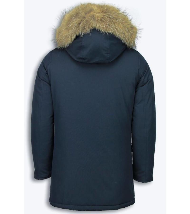 Enos Parkas hombre - Abrigos de Invierno Hombre Wooly Largo - Cuelo de Piel Grande - Azul