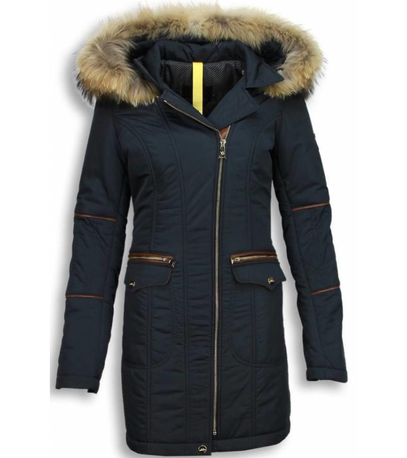 Milan Ferronetti Parkas mujer - Señora Abrigos De Invierno - Capucha pelo Grande - Azul