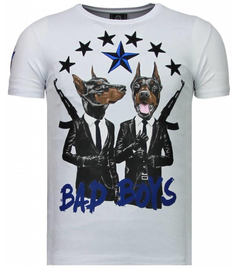 Local Fanatic Camisetas - Bad Boys Pinscher Rhinestone Camisetas Personalizadas - Blanco