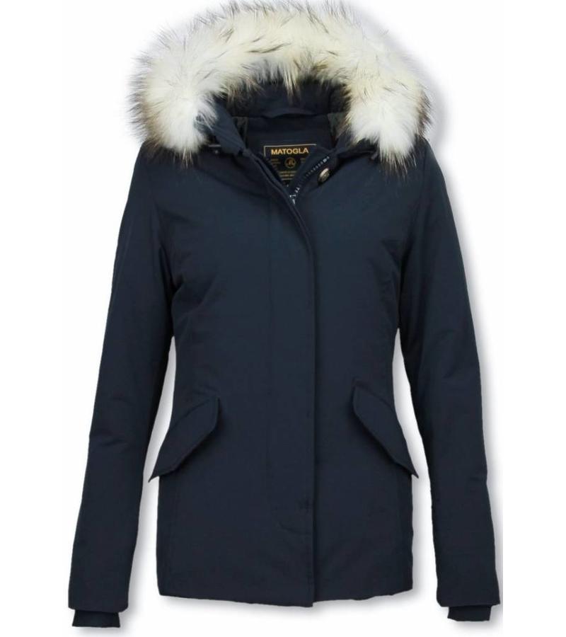 Matogla Parkas Mujer - Mujer Chaqueta De Invierno Wooly Corto - Cuero De Piel Grande - Azul