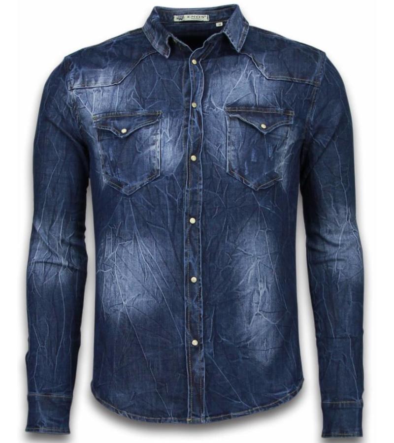 Enos Camisa de mezclilla - Camisa Vaquera Slim Fit - Vintage Washed - Azul