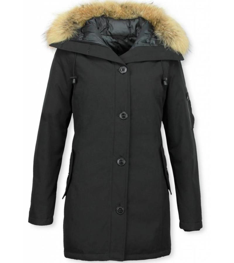 TheBrand Parkas mujer - Señora Abrigos De Invierno Largos - Capucha pelo grande - Negro