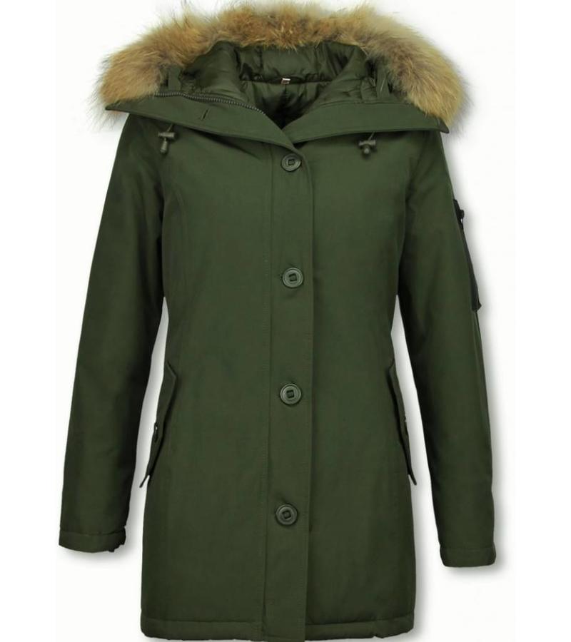 TheBrand Parkas mujer - Señora Abrigos De Invierno Largos - Capucha pelo grande - Verde