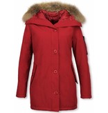 TheBrand Parkas mujer - Señora Abrigos De Invierno Largos - Capucha pelo grande - Rojo