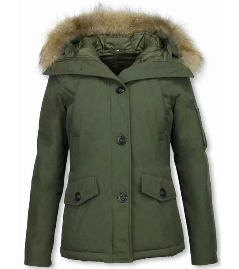 TheBrand Parkas Mujer - Señora Abrigos De Invierno Corto - Capucha pelo grande - Verde