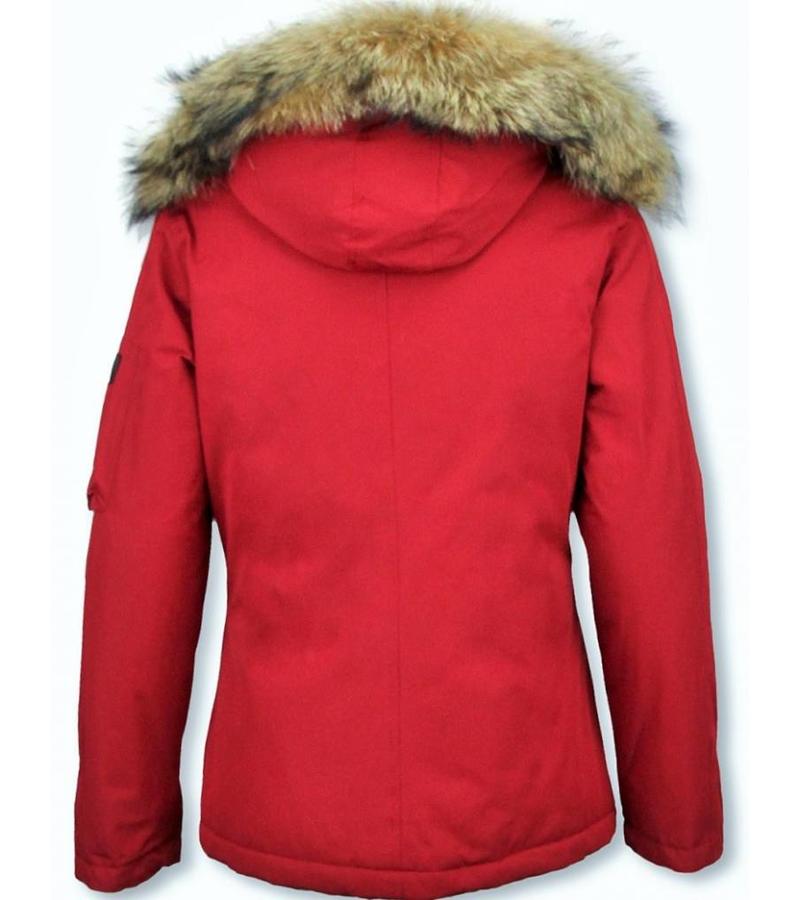 TheBrand Parkas Mujer - Señora Abrigos De Invierno Corto - Capucha pelo grande - Rojo