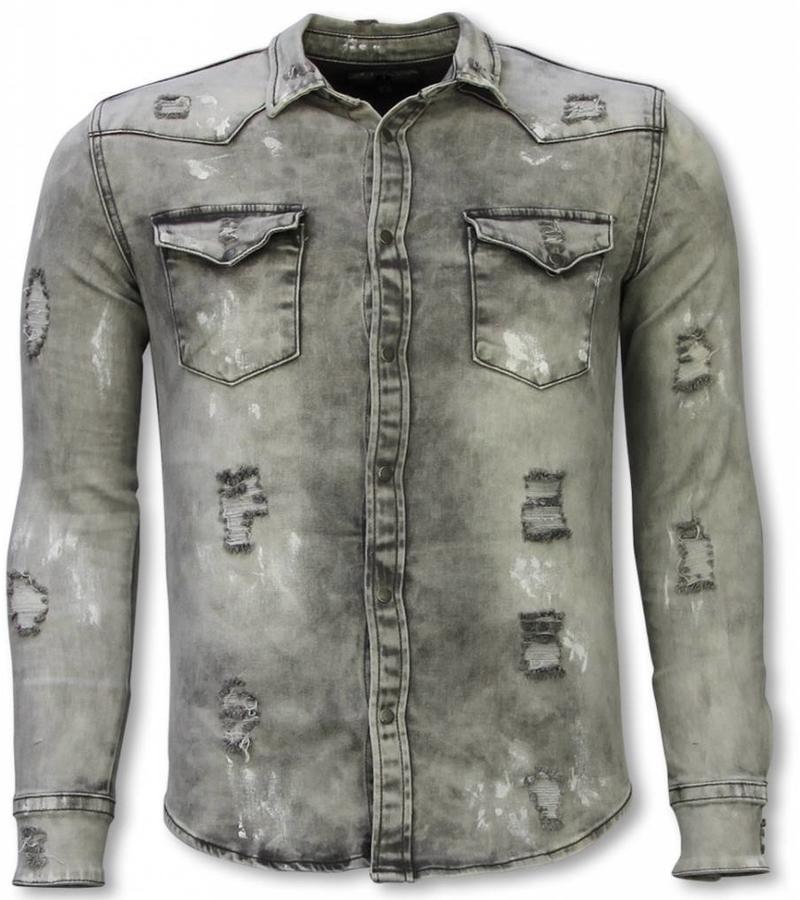 Diele & Co Camisa de Mezclilla - Slim Fit Damaged Allover - Gris