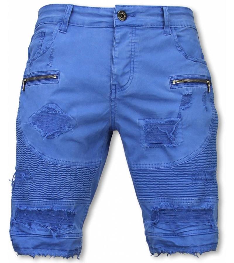 Enos Pantalon Corto - Bermudas Vaqueras Hombre Slim Fit - Damaged Biker Jeans con Cremallera - Azul