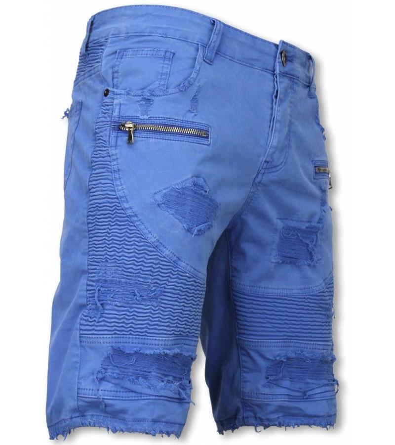 Enos Pantalon Corto - Bermudas Vaqueras Hombre Slim Fit - Damaged Biker Jeans con Cremallera - Azul