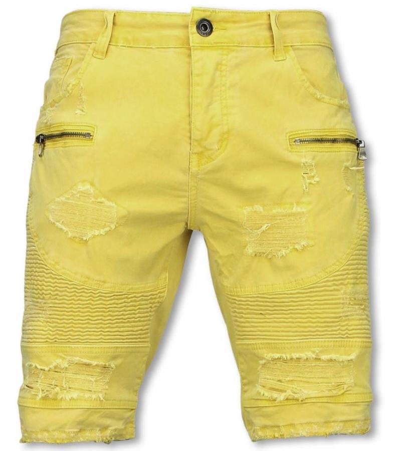 Enos Pantalon Corto - Bermudas Vaqueras Hombre Slim Fit - Damaged Biker Jeans con Cremallera - Amarillo