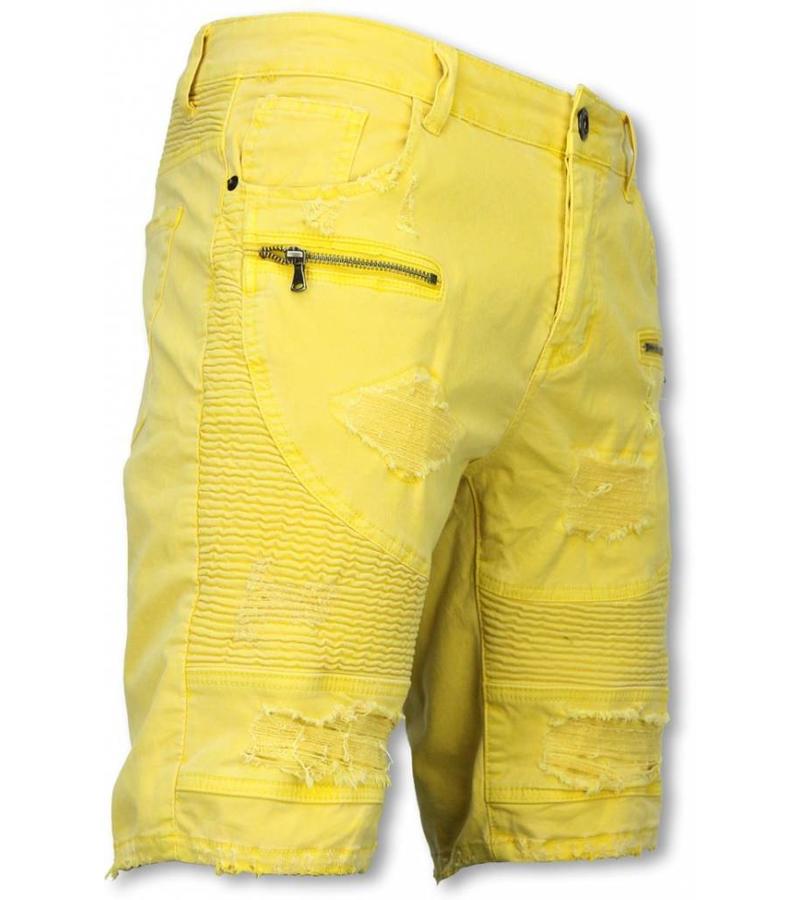 Enos Pantalon Corto - Bermudas Vaqueras Hombre Slim Fit - Damaged Biker Jeans con Cremallera - Amarillo