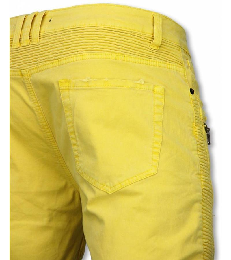 Enos Pantalon Corto - Bermudas Vaqueras Hombre Slim Fit - Damaged Biker Jeans con Cremallera - Amarillo