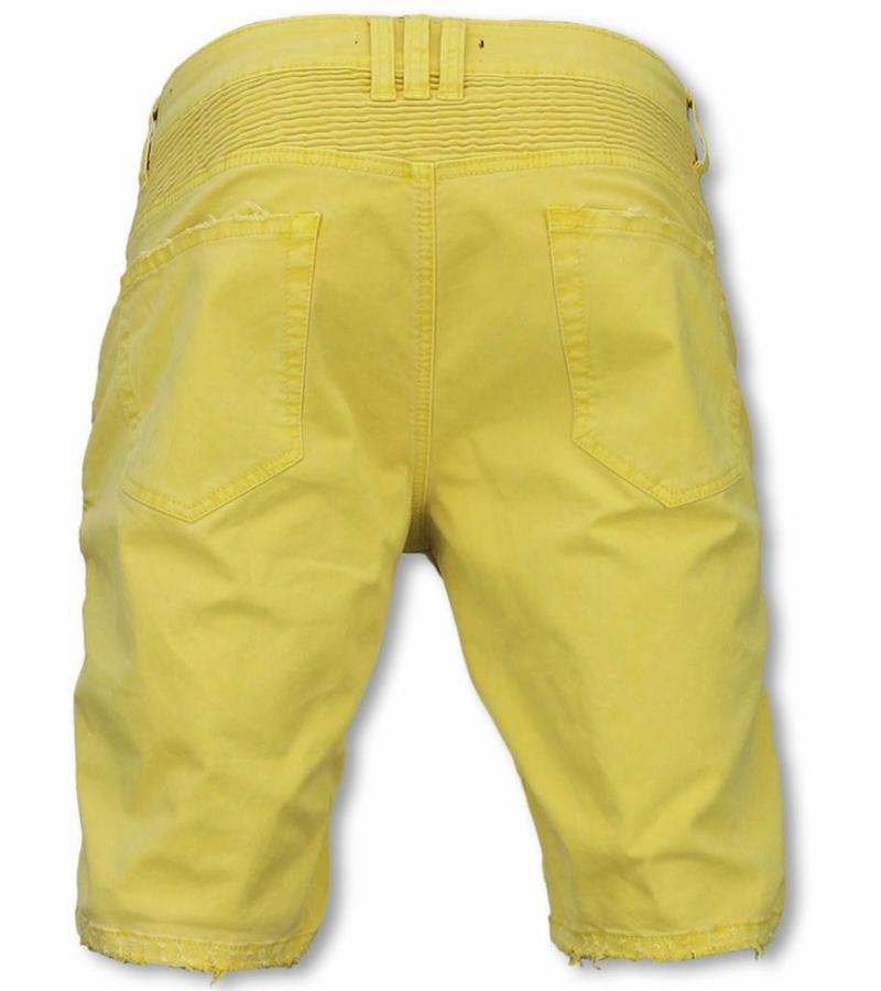 Enos Pantalon Corto - Bermudas Vaqueras Hombre Slim Fit - Damaged Biker Jeans con Cremallera - Amarillo