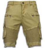 Enos Pantalones Cortos - Bermudas Vaqueras Hombre Slim Fit - Biker Denim Pocket Jeans - Beige