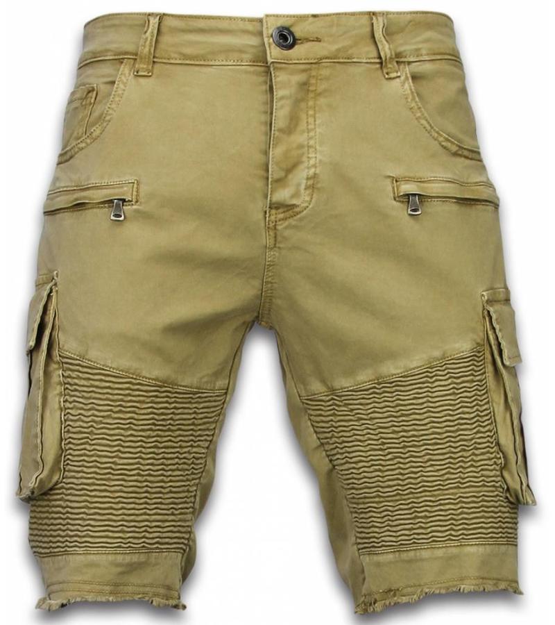 Enos Pantalones Cortos - Bermudas Vaqueras Hombre Slim Fit - Biker Denim Pocket Jeans - Beige