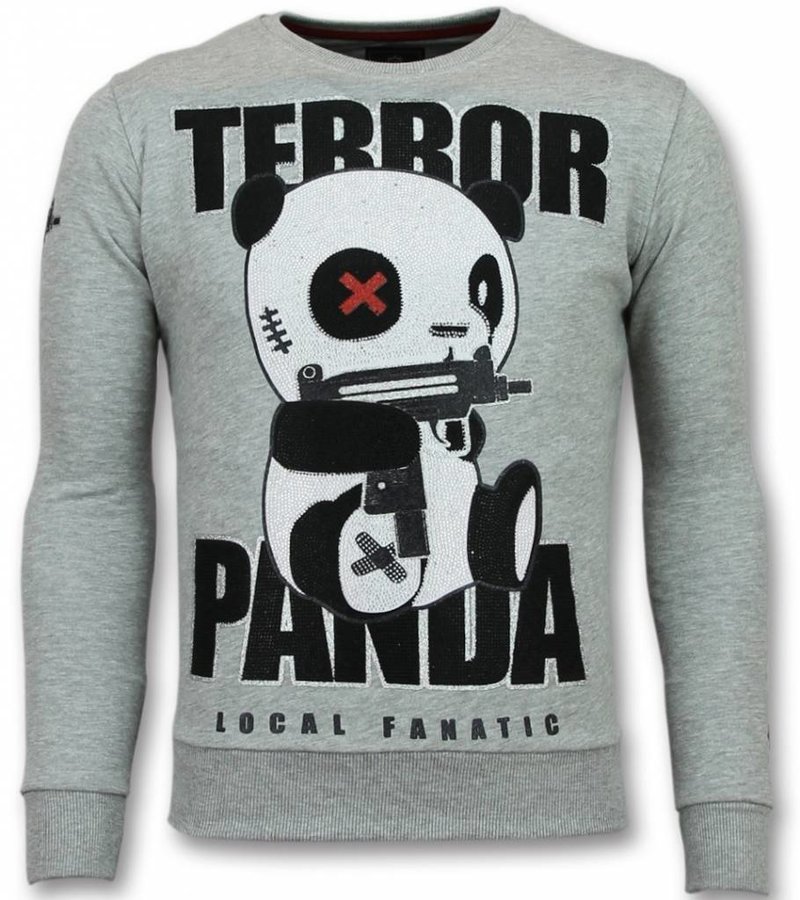 Local Fanatic Panda Sudaderas - Terror Rhinestone Suéter Hombre  - Gris