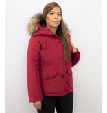 TheBrand Parkas Mujer - Señora Abrigos De Invierno Corto - Capucha pelo grande - Rojo