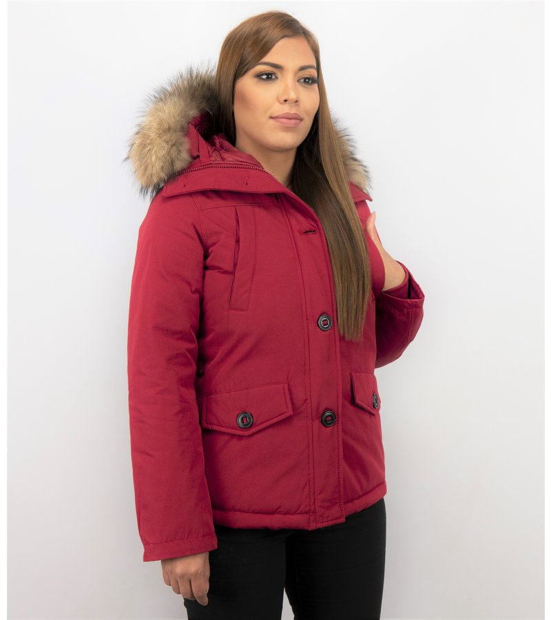 TheBrand Parkas Mujer - Señora Abrigos De Invierno Corto - Capucha pelo grande - Rojo