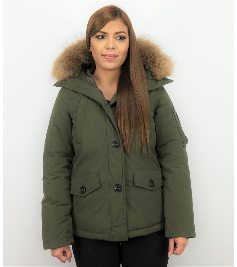 TheBrand Parkas Mujer - Señora Abrigos De Invierno Corto - Capucha pelo grande - Verde