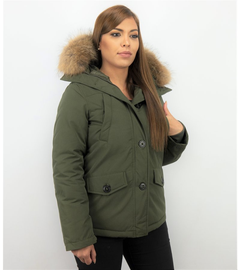 TheBrand Parkas Mujer - Señora Abrigos De Invierno Corto - Capucha pelo grande - Verde