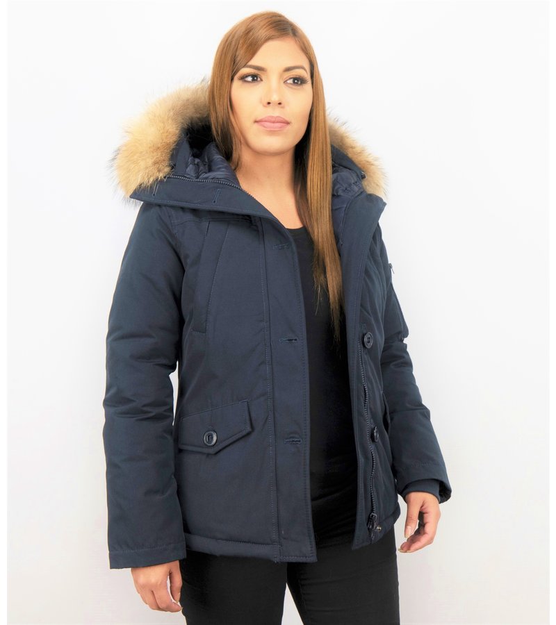 TheBrand Parkas Mujer - Señora Abrigos De Invierno Corto - Capucha pelo grande - Azul