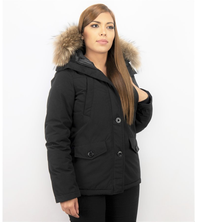 TheBrand Parkas Mujer - Señora Abrigos De Invierno Corto - Capucha pelo grande - Negro