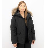 TheBrand Parkas Mujer - Señora Abrigos De Invierno Corto - Capucha pelo grande - Negro