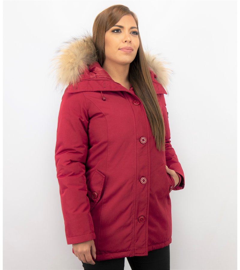 TheBrand Parkas mujer - Señora Abrigos De Invierno Largos - Capucha pelo grande - Rojo