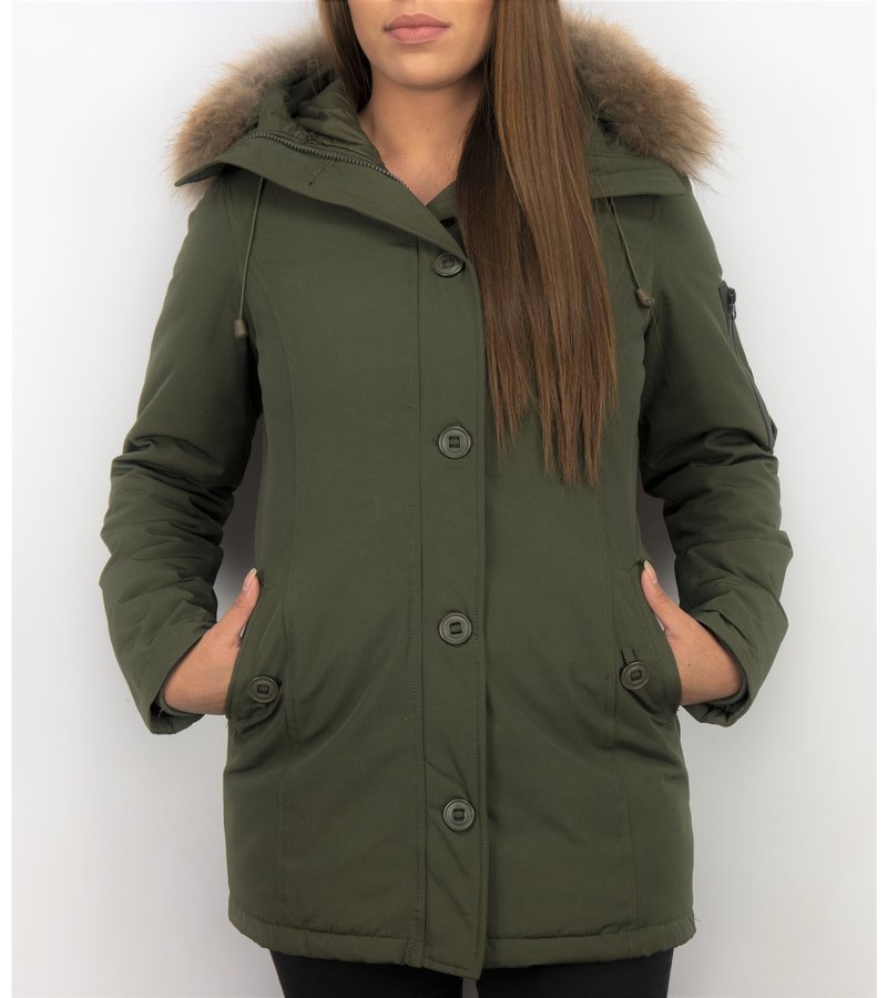 TheBrand Parkas mujer - Señora Abrigos De Invierno Largos - Capucha pelo grande - Verde