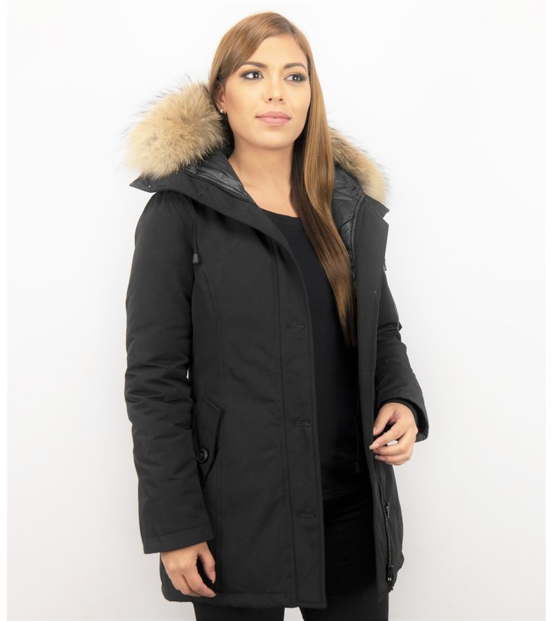 TheBrand Parkas mujer - Señora Abrigos De Invierno Largos - Capucha pelo grande - Negro