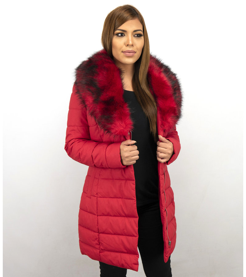 Adrexx Parka Chaqueta De Invierno Para Mujer - Cuello Rojo De Piel - Rojo