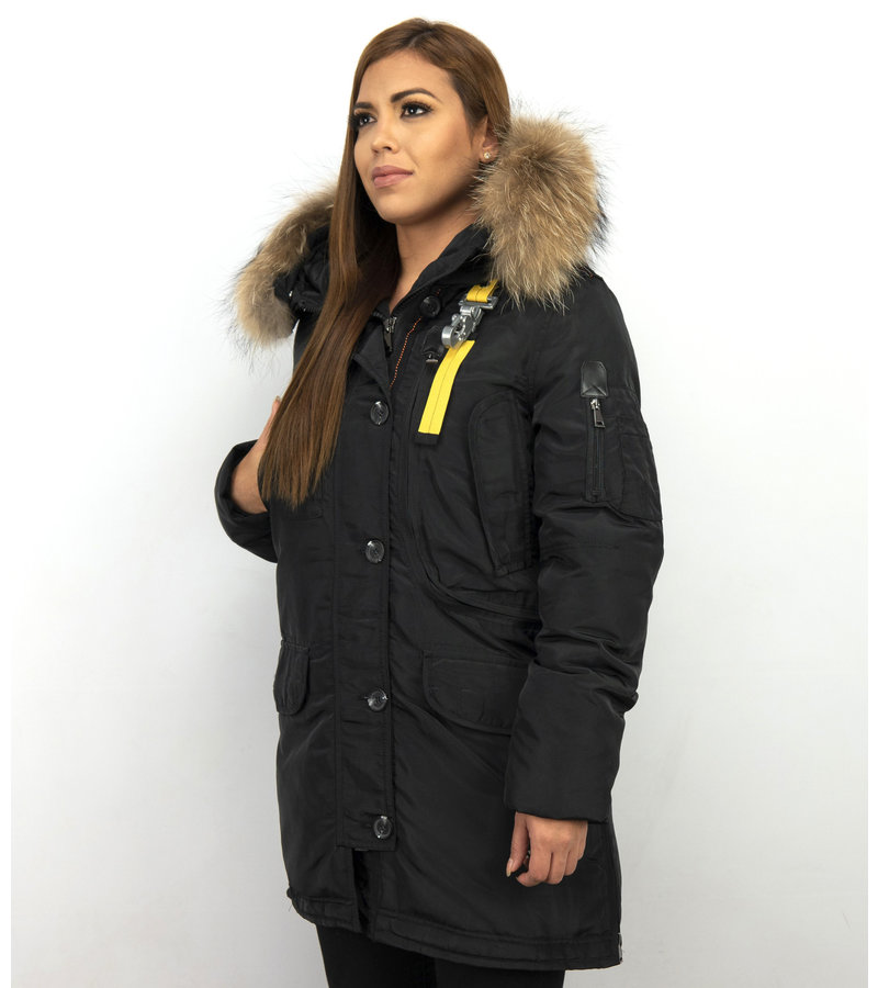 Macleria Parka Larga Chaqueta de Invierno Damas - Con Cuello de Piel - Negro