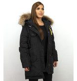 Macleria Parka Larga Chaqueta de Invierno Damas - Con Cuello de Piel - Negro