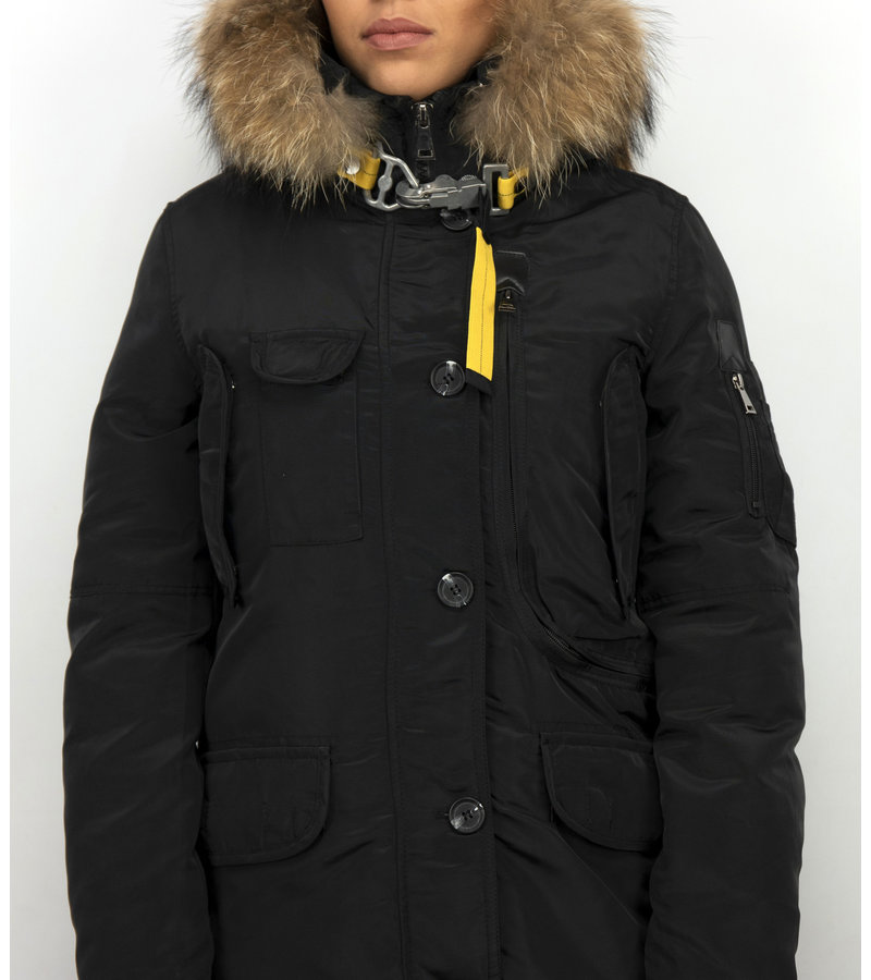 Macleria Parka Larga Chaqueta de Invierno Damas - Con Cuello de Piel - Negro