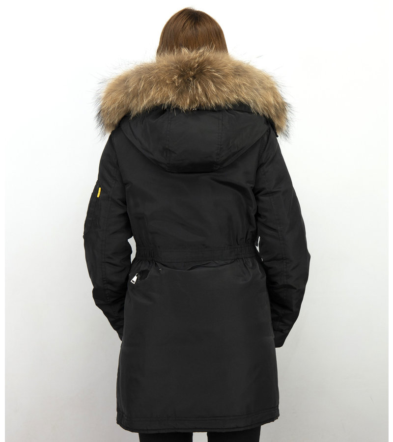 Macleria Parka Larga Chaqueta de Invierno Damas - Con Cuello de Piel - Negro