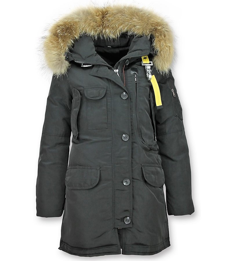 Macleria Parka Larga Chaqueta de Invierno Damas - Con Cuello de Piel - Negro