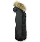 Macleria Parka Larga Chaqueta de Invierno Damas - Con Cuello de Piel - Negro