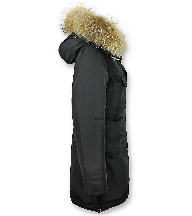 Macleria Parka Larga Chaqueta de Invierno Damas - Con Cuello de Piel - Negro